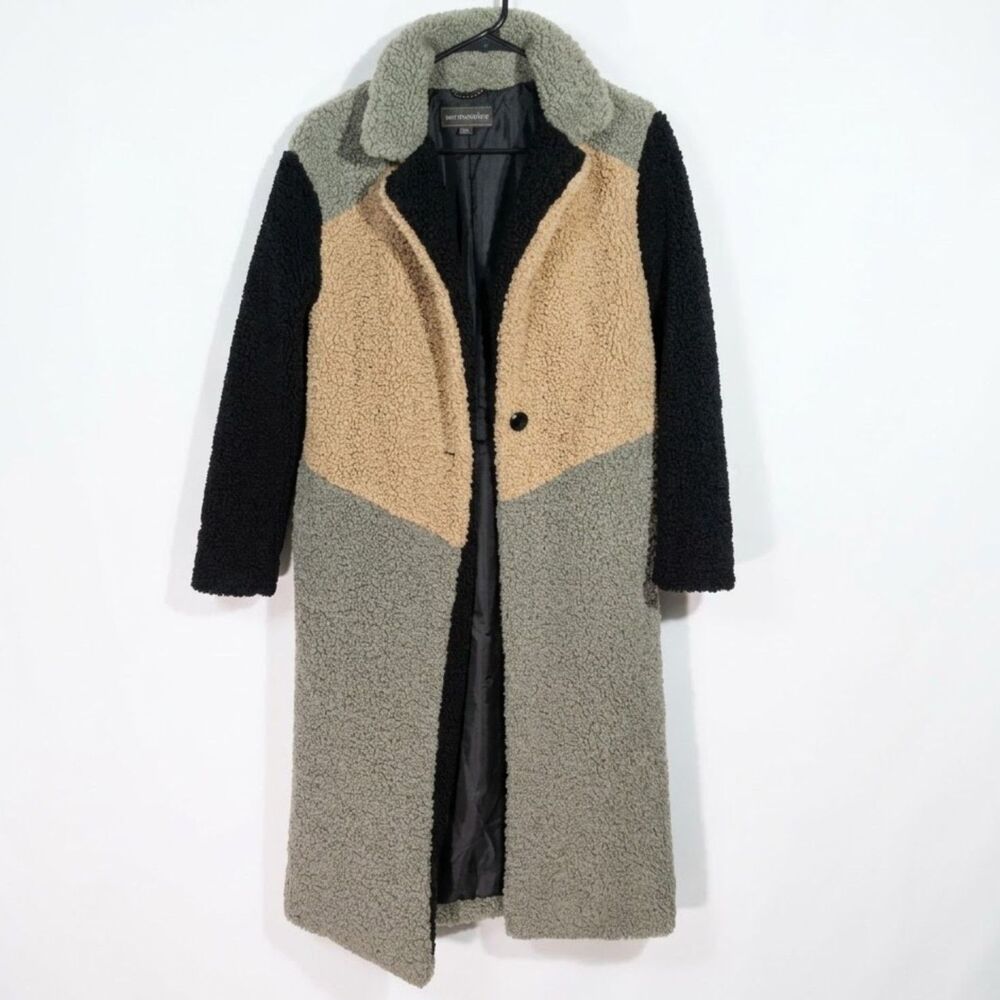 Forever Audrey Colorblock Sherpa Fleece Long Teddy Coat in Multi M